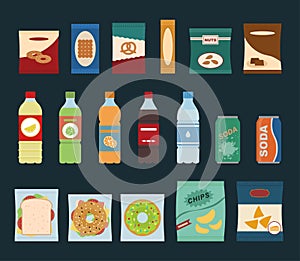 Fast food snacks and drinks flat icons. Vending machine with chip.