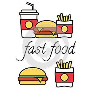 Fast food snacks and drinks flat vector icons. Fastfood icons. S