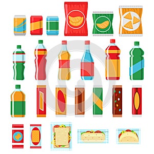 Fast food snacks and drinks flat vector icons. Vending machine products photo