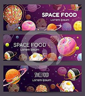 Fast food space banners. Vector promotion templates with space food planets.