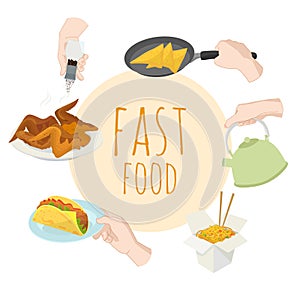 Fast food special offer vector illustration. Junk food frame with hands . Soda, hot dog, pizza, burger and french fries