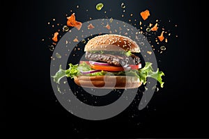 Fast food staple Hamburger on a bun with flying vegetables on black background