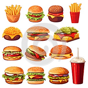 Fast food. Street food. Fast and tasty food preparation in mass cafes and restaurants. Fast food meal set with classic burger with