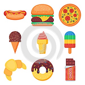 Fast food and sweets flat icons set