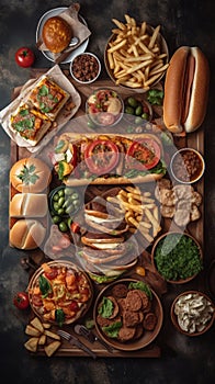 fast food table top view hamburger hot dog snack, ai generation