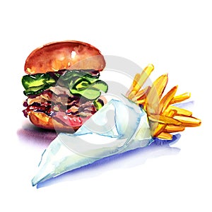 Fast food, tasty burger, hamburger, and french fries, fried potatoes, in paper bag, isolated, watercolor illustration