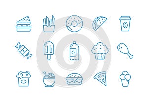 Fast food thin line icons set. Outline symbol collection of junk food and take away in blue color.  Editable vector stroke