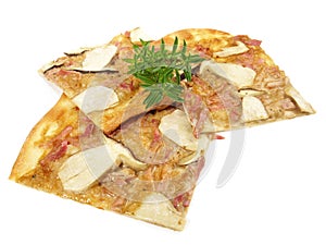 Fast Food - Traditional Tarte Flambee with Creme Fraiche, Mushrooms, Onion and Bacon