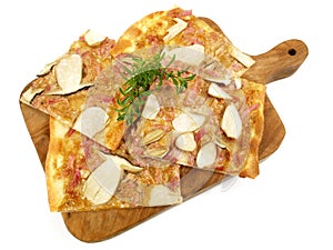 Fast Food - Traditional Tarte Flambee with Creme Fraiche, Mushrooms, Onion and Bacon