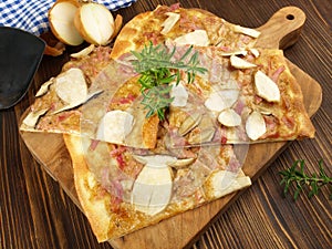 Fast Food - Traditional Tarte Flambee with Creme Fraiche, Mushrooms, Onion and Bacon