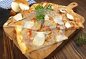Fast Food - Traditional Tarte Flambee with Creme Fraiche, Mushrooms, Onion and Bacon