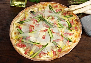 Fast Food - Traditional Tarte Flambee with Creme Fraiche, Onion, Asparagus and Bacon