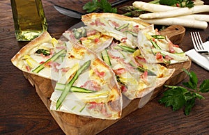 Fast Food - Traditional Tarte Flambee with Creme Fraiche, Onion, Asparagus and Bacon