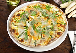 Fast Food - Traditional Tarte Flambee with Creme Fraiche, Onion, Asparagus and Salmon