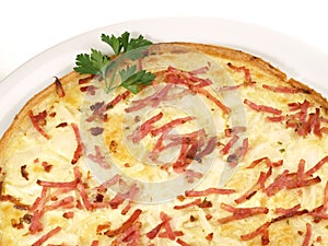 Fast Food - Traditional Tarte Flambee with Creme Fraiche, Onion and Bacon