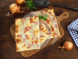 Fast Food - Traditional Tarte Flambee with Creme Fraiche, Onion and Bacon