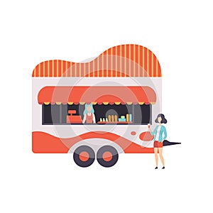 Fast Food Trailer with Seller, Street Food Transport, Mobile Shop Vector Illustration