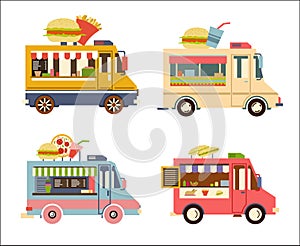 Fast Food Trailer set with burger, pizza, drink, burrito, coffee Isolated on white. Street food car, mobile kitchen