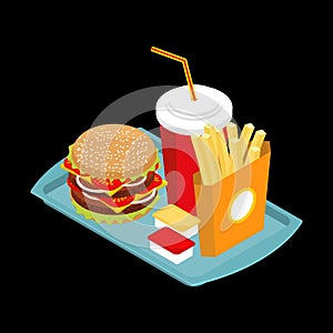 Fast food on tray. Hamburger and drink. French fries. Ketchup an