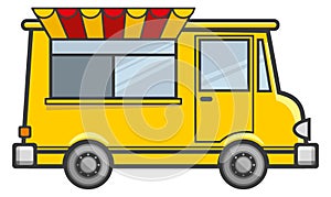 Fast food truck icon. Yellow street cooking vehicle