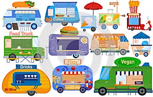 Fast food truck, isolated on white set, vector illustration. Foodtruck transportation, delivery van with taco, coffee