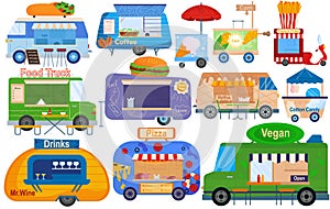 Fast food truck, isolated on white set, vector illustration. Foodtruck transportation, delivery van with taco, coffee photo