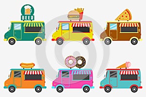 Fast Food trucks. Set of street shops on van - Beer, Donut, Burger and French fries, Hot Dog, Ice Cream, Pizza. Vector.