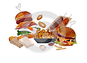 Fast food, unhealthy eating. American burger, french fries, deep fried onion rings, corn dogs. Tasty snack for lunch