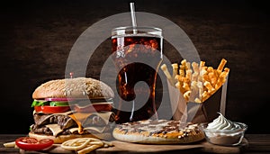 fast food and unhealthy eating concept - close up of fast food snacks and cola drink on wooden table. Generative ai