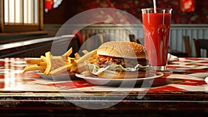fast food and unhealthy eating concept - close up of hamburger or cheeseburger, deep-fried squid rings, french fries