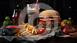 fast food and unhealthy eating concept - close up of hamburger or cheeseburger, deep-fried squid rings, french fries