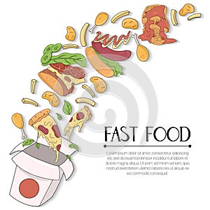 Fast food vector cartoon card concept with hand drawn lettering