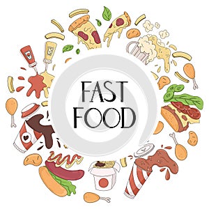 Fast food vector cartoon card concept with hand drawn lettering