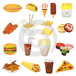 Fast food vector hamburger or cheeseburger with chicken wings and eating junk fastfood snacks burger or sandwich with