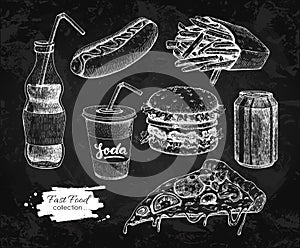 Fast food vector hand drawn set. Blackboard junk food illustration