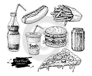 Fast food vector hand drawn set. Engraved style junk food illust