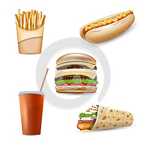 Fast food vector icon set. Burger, hot dog, french fries, soda and  kebab in pita