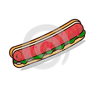 Fast food vector illustration of color hotdog with meat sausage, spicy hot ketchup sauce and vegetables so delicious in isolated w