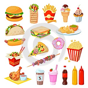 Fast food vector illustration set, cartoon flat unhealthy streetfood cafe menu collection for junk food party isolated