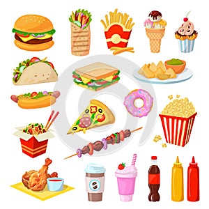 Fast food vector illustration set, cartoon flat unhealthy streetfood cafe menu collection for junk food party isolated photo
