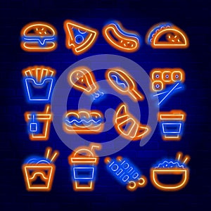 Fast food vector neon icons set.