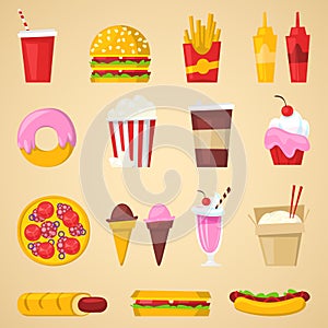 Fast food vector nutrition american hamburger or cheeseburger unhealthy eating concept junk fast-food snacks burger or