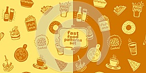 Fast food vector seamless patterns set with doodle style hand drawn food symbols