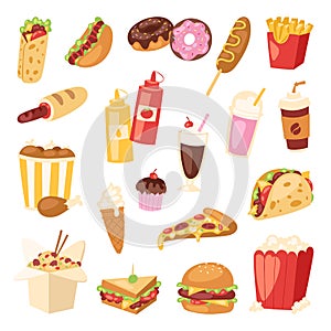 Fast food vector unhealthy cartoon burger sandwich, hamburger, pizza meal fastfood restaurant menu snack illustration. photo