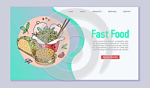 Fast food vector webpage illustration. Fast food hamburger and chinese noodles dinner in cafe, tasty set fast food