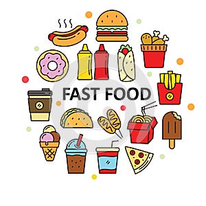 Fast food vectors in circle. lineal color style for set of fast food icons