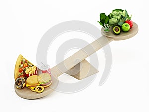 Fast food versus healthy food standing at two ends of the seesaw. 3D illustration