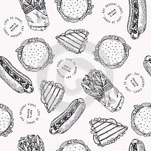 Fast food vintage seamless pattern. Cafe branding background.