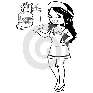 Fast food waitress serving hamburger, fries and drink. Vector black and white coloring page