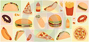 Fast food wide geometric collage background set vector illustration